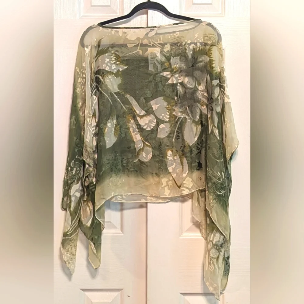 Chico's Silk Blend, Sheer Green Floral Print Poncho - Picture 4 of 5
